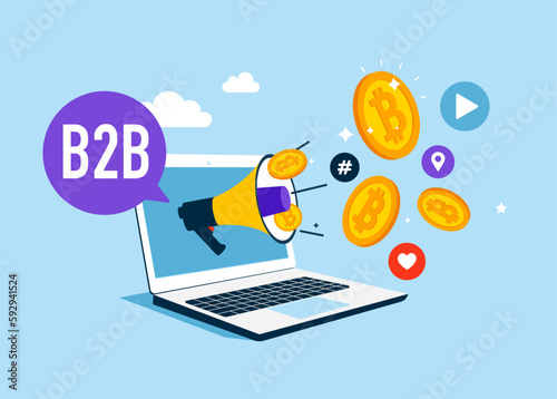 B2B marketing. Crypto currency bitcoin, financial technology. Social media network ads and internet. SMM, Internet notification. Flat vector illustration