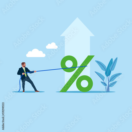 Businessman increasing interest rate in market. Investment profit and dividend. Flat vector illustration