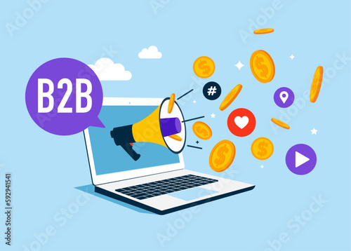 B2B marketing. Social media network ads and internet. SMM, Internet notification. Flat vector illustration