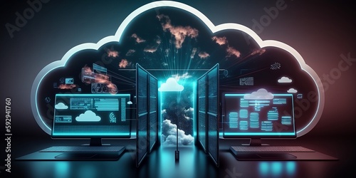 Cloud technology concept. Data center concept. Modern cloud technologies. Neon colors, cyber space, isometric illustration network with computer, laptop, tablet and smartphone. For web. generative ai 