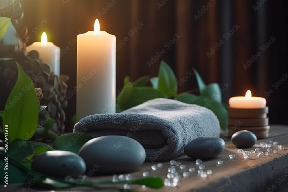 Spa concept with stones and candles. Super photo realistic background, generative ai illustration