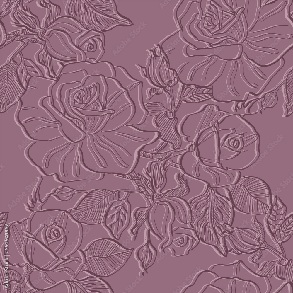 Vector seamless pattern with rose flowers. Hand drawn floral repeat ornament of blossoms in sketch style. Usable for wrapping paper, covers, textile.