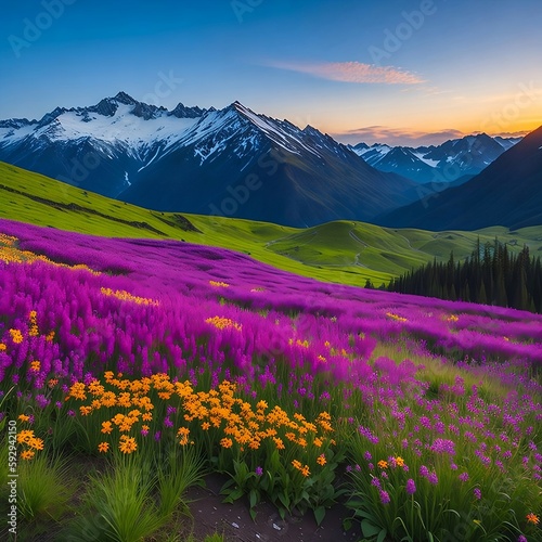 A breathtaking mountain range with snow-capped peaks  surrounded by fields of colorful wildflowers in bloom.  Generative AI