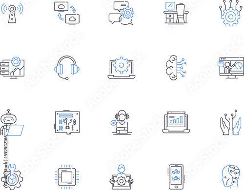 Geek nerds outline icons collection. Geeks, Nerds, Hackers, Gamers, Techies, Programmers, Computer-Enthusiasts vector and illustration concept set. IT-Experts,Boffins,Code-Gurus linear signs photo