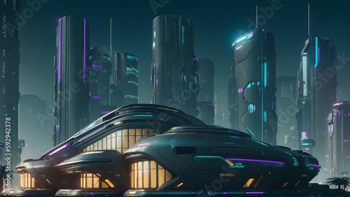 Illustration of a sci-fi futuristic cyberpunk house in the city at night - Generative AI