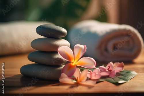 Spa concept with stones and plumeria. Super photo realistic background, generative ai illustration