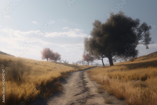 A minimalist landscape with a simple country road or path, Generative AI