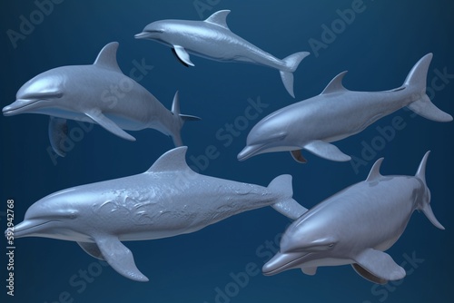 A detailed illustration of a group of marine mammals  such as dolphins or whales  Generative AI