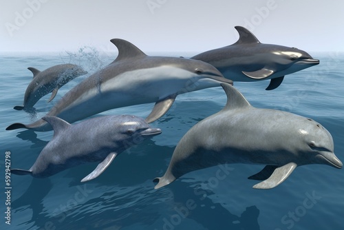 A detailed illustration of a group of marine mammals  such as dolphins or whales  Generative AI