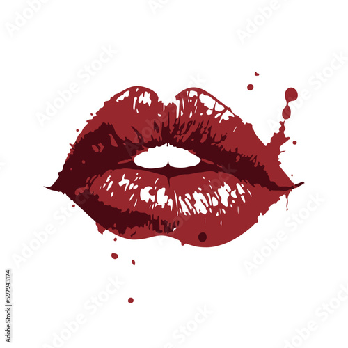 Glossy colored and sexy red lips in splash of paint. Vector illustration isolated on white background