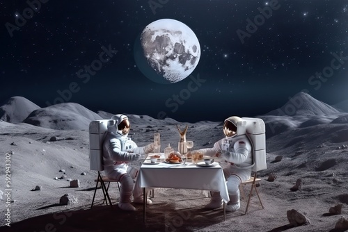 Two astronauts sitting at table and having dinner on the moon. Man on the moon concept. Generative AI