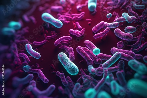 Probiotics Bacteria . Biology, Science Microscopic medicine. Digestion stomach escherichia coli, treatment, Health care medication, anatomy organism. Generative AI.