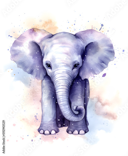 Cute elephant calf watercolor illustration. Poster for kids with funny and happy animals.