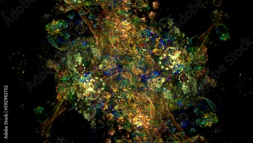 Multicolored swirling pattern of curved shapes and waves on a black background. Abstract fractal video