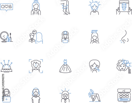 Women outline icons collection. Female, Ladies, Womenfolk, Ladies, She, Herself, Womanly vector and illustration concept set. Feminine, Gal, Maiden linear signs