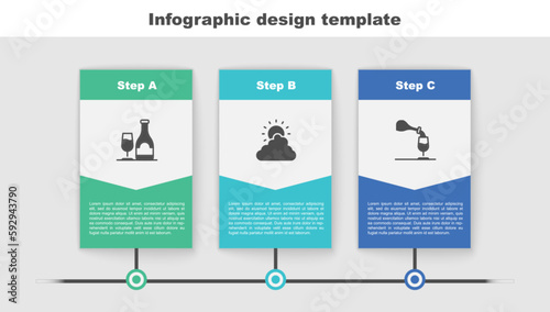 Set Wine bottle with glass, Sun and cloud weather and tasting, degustation. Business infographic template. Vector