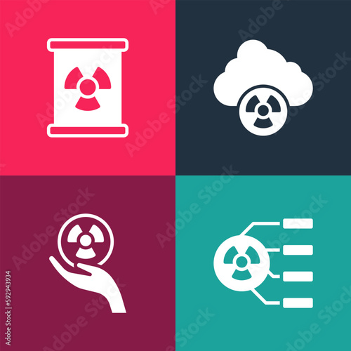 Set pop art Radioactive, , Acid rain and radioactive cloud and waste barrel icon. Vector