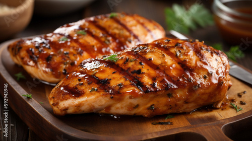 Marinated grilled healthy chicken breasts in a White Plate and served photo