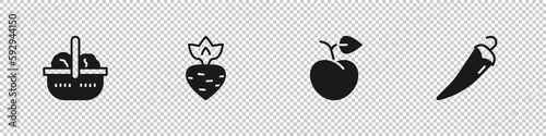 Set Basket and food, Turnip, Peach fruit or nectarine and Hot chili pepper icon. Vector