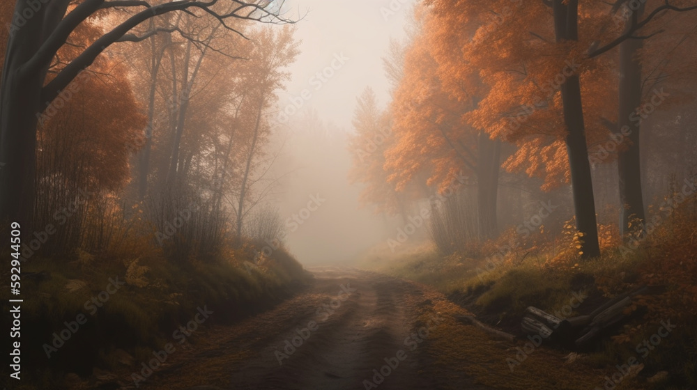 Mystical autumn forest with road in fog. Fall misty woods Autumn. Magic dark forest Fairytale