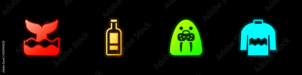 Set Whale tail, Bottle of vodka, Walrus animal and Sweater icon. Vector Set Whale tail, Bottle of vodka, Walrus animal and Sweater icon. Vector