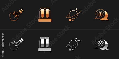 Set Genetically modified apple, Test tube, Planet Saturn and Atom icon. Vector