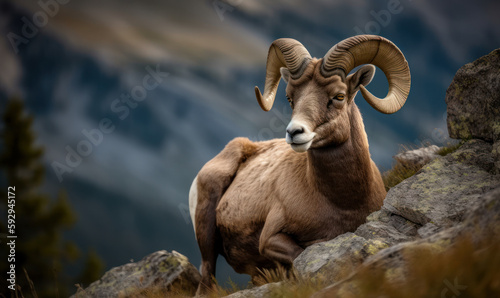 Bighorn sheep perched on a rocky outcropping, surveying the sweeping mountain vistas below. Its impressive curved horns, a symbol of power and dominance, are prominently displayed. Generative AI