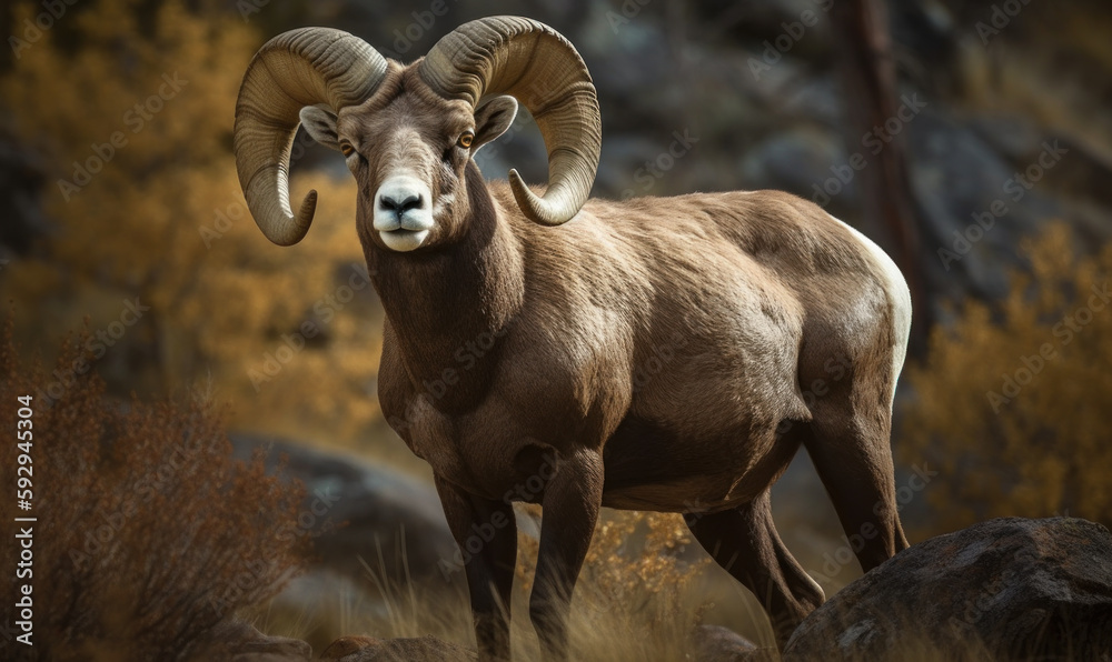 Obraz premium Bighorn sheep in its natural habitat standing on a rock. Generative AI