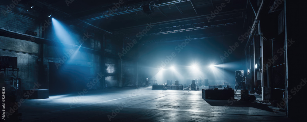 A Live stage production being built in an old warehouse. Stage rigging equipment, lighting trusses, and PA systems being carried in. Generative AI.  - obrazy, fototapety, plakaty 