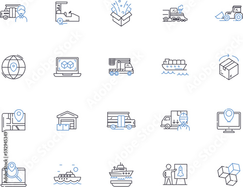 Supply chain outline icons collection. Logistics, Management, Optimization, Supply, Chain, Distribution, Tracking vector and illustration concept set. Warehouse, Inventory, Forecasting linear signs
