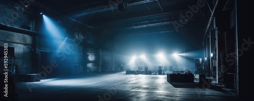 A Live stage production being built in an old warehouse. Stage rigging equipment, lighting trusses, and PA systems being carried in. Generative AI.  photo