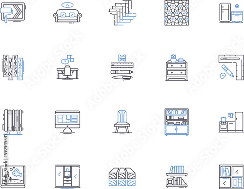 Interior design outline icons collection. Decorating, Furnishings, Fabric, Arrangement, Colours, Organization, Fixtures vector and illustration concept set. Updating, Planning, Layout linear signs