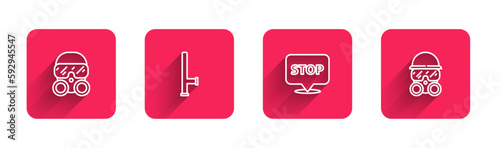 Set line Gas mask, Police rubber baton, Protest and with long shadow. Red square button. Vector