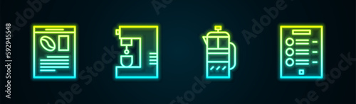Set line Newspaper and coffee, Coffee machine, French press and menu. Glowing neon icon. Vector