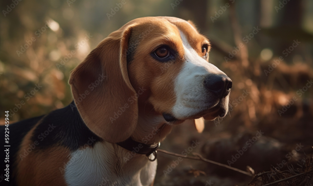 close up photo of Beagle on forest background during sunset. Generative AI