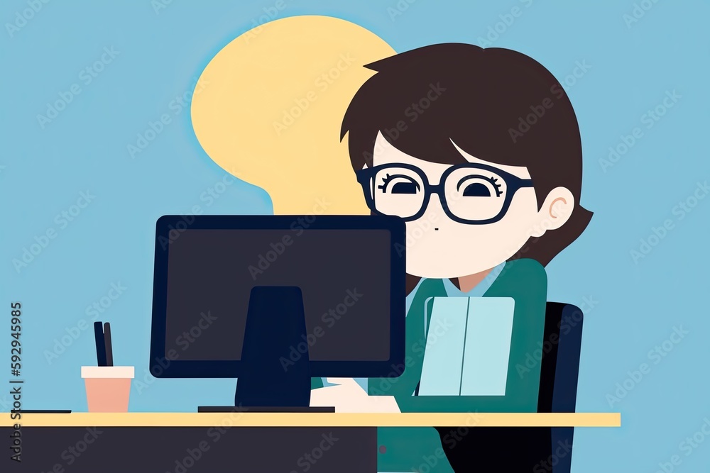 a cute nerd sleeping at a computer desk, digital art