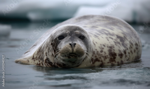 photo of bearded seal as it lounges of the edge of an ice floe in the Arctic. The seal is a large, round-bodied creature with a thick layer of blubber beneath its grayish-brown fur. Generative AI