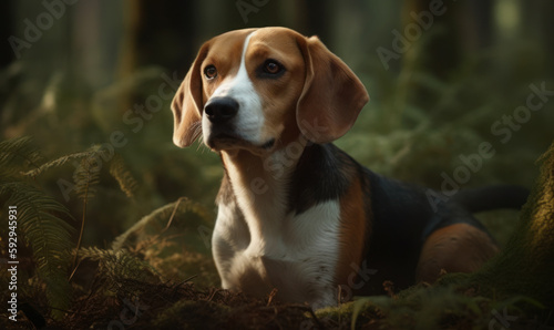 photo of Beagle on forest background. Generative AI © Bartek