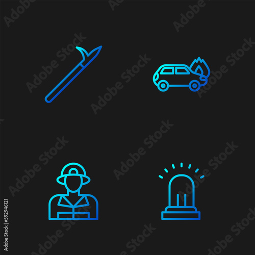 Set line Ringing alarm bell, Firefighter, Metal pike pole and Burning car. Gradient color icons. Vector