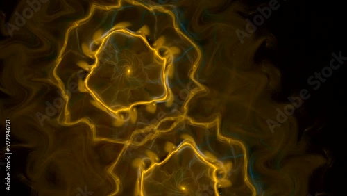 Orange swirling double pattern of crooked waves on a black background. Abstract fractal video