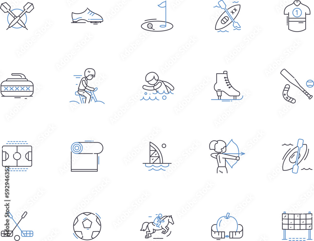 Obraz premium Sport activities outline icons collection. Sports, Activities, Games, Exercise, Running, Swimming, Football vector and illustration concept set. Basketball, Baseball, Hockey linear signs