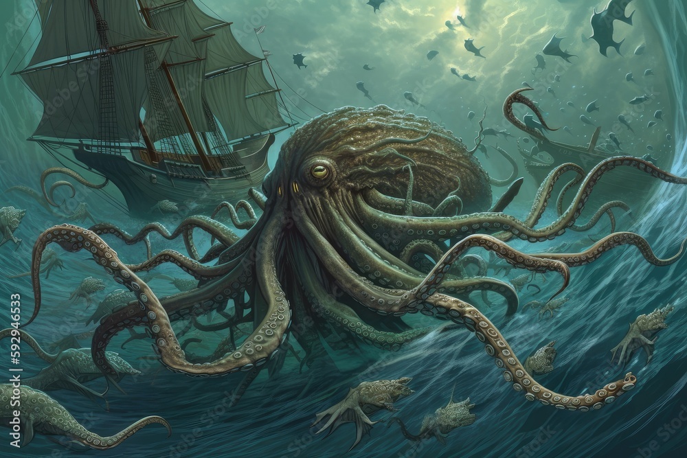 kraken swimming in school of fish, with its tentacles ready to grab any