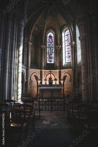 Interior inside of Laon Cathedral, France with long corridor with arch gates