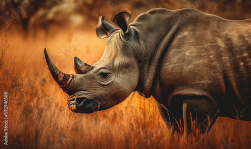 Photo of black rhinoceros grazing in the golden light of a savannah sunset. The majestic creature is captured in exquisite detail, with every fold and wrinkle of its tough skin visible. Generative AI © Bartek