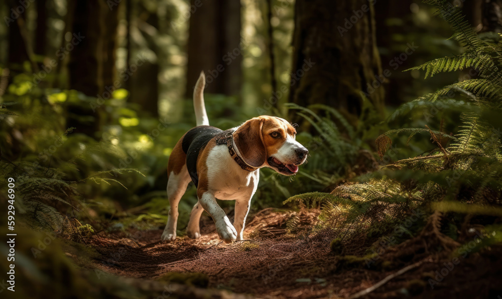 photo of a Beagle in its natural habitat, focused intently on a scent trail as it tracks through a dense forest, follows the trail with single-minded determination. Generative AI
