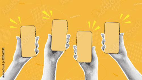 Halftone hands hold smartphones. Vector illustration with hands holding phones with halftone effects for decoration of retro banners and vintage postres. Collection of collage elements.