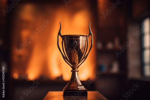 Golden trophy on a wooden table. Golden cup. Generative AI.