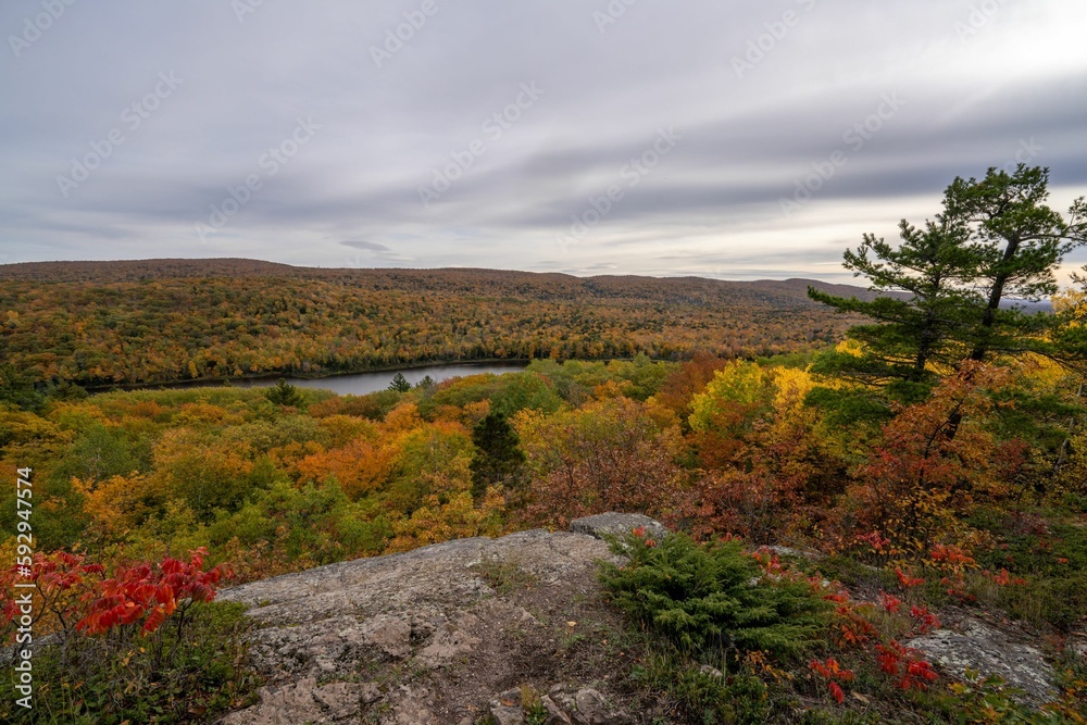 Autumnal view of the Porcupine Mountains State Park on a cloudy day in Ontonagon County, Michigan