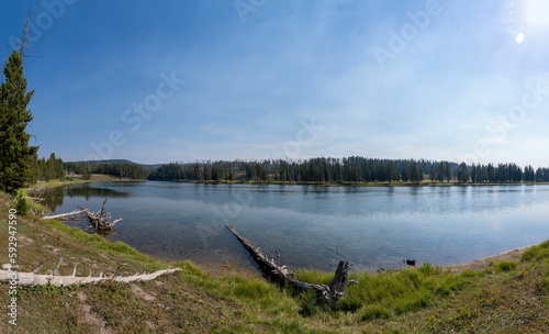 Beautiful sunny landscape with lake and trees around