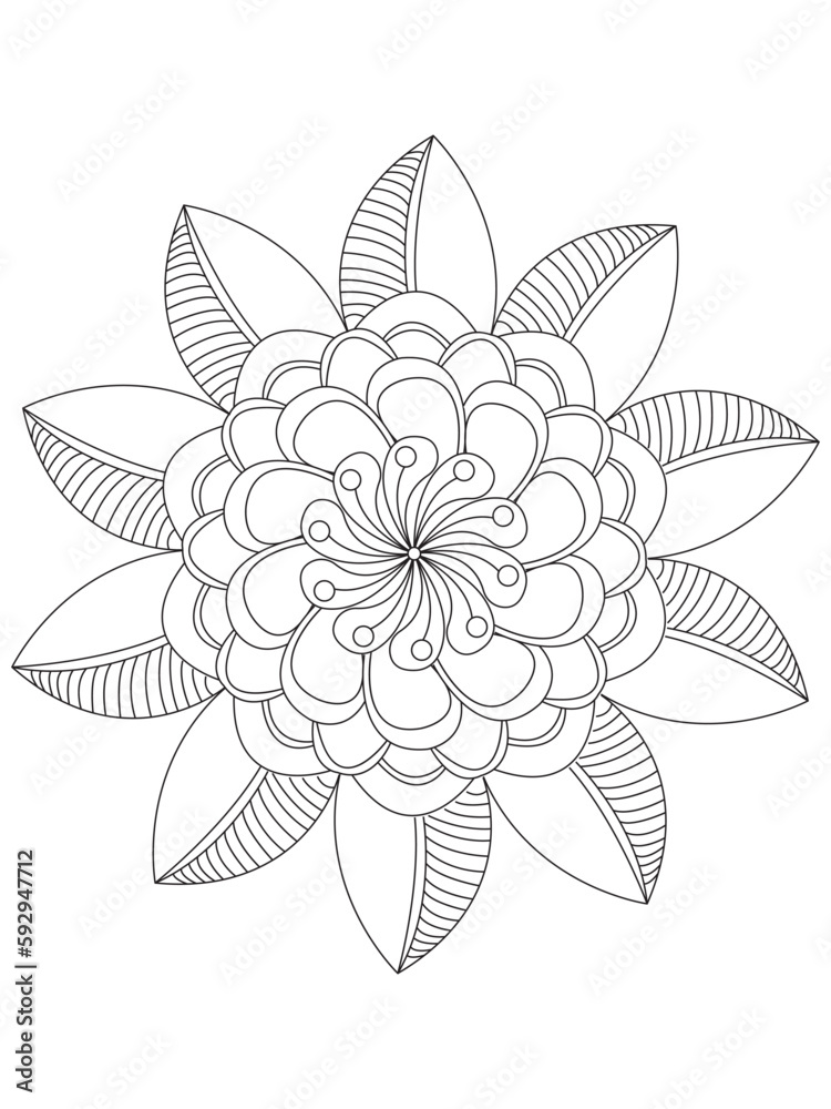 Flowers  Leaves Coloring page Adult.Contour drawing of a mandala on a white background.  Vector illustration